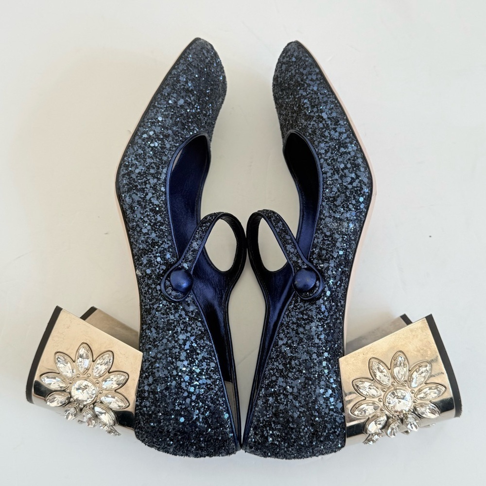 Miu Miu Midnight Blue Glitter Rhinestone embellished Mary Jane Pumps EU 38.5 - Picture 7 of 11